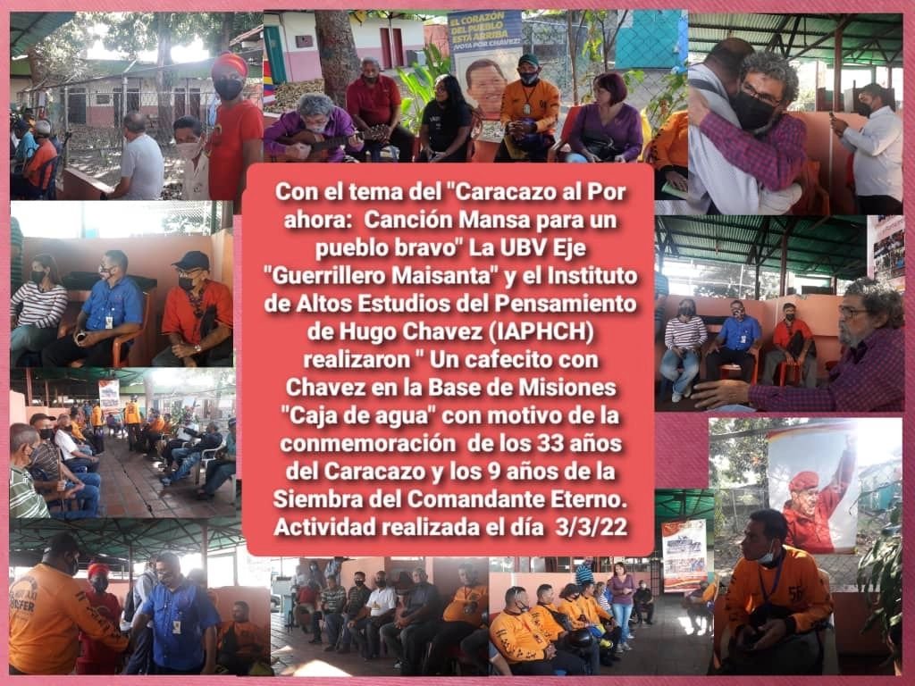 Vejeguerrillero's tweet photo. A los 33 años de El Caracazo y 9 años de la Siembra del Comandante Eterno, el Inst. de Altos Estudios del Pensamiento  Hugo Chavez,llevo en la Base de Misiones Caja de Agua:"Un cafecito con Chavez" versando sobre Del Caracazo al por Ahora: Canción mansa para un Pueblo Bravo. https://t.co/BSzvIqUuSZ