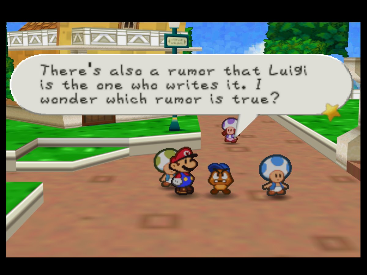 PaperMarioLog's tweet image. There's a rumor that this is the Toad who writes the Toad Town Times.

There's also a rumor that Luigi is the one who writes it. I wonder which rumor is true?