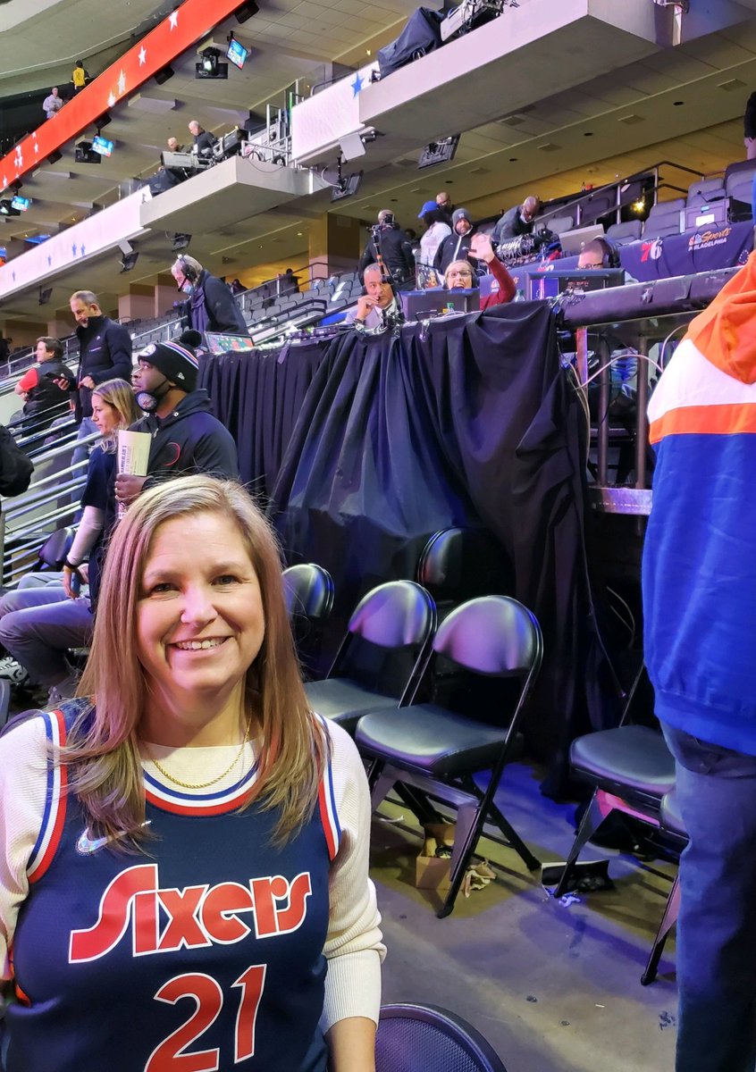 EmilyGeddes's tweet photo. Beginning of January, I watched a Sixers game only because my kids had tickets.  I enjoyed announcer @katetscott's energy and excitement for the game so much that I became a 76er's Fan!  At Harden's debut, got to tell her "I started watching the Sixers because of you!" Thank You https://t.co/Dpn2xp3VaL