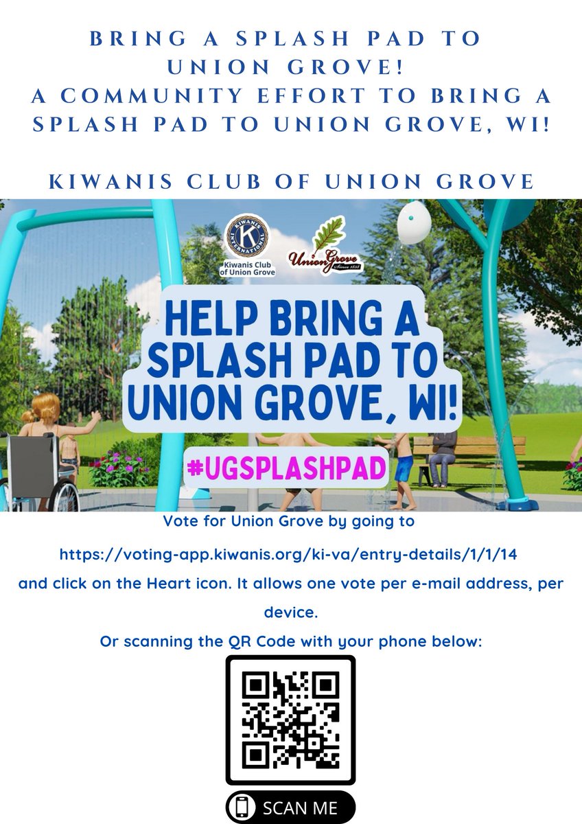 xQuick_Silverx's tweet photo. 📣 Voting open to help bring a Splash Pad to Union Grove! 📣

UG has been selected as a semi-finalist to win a $50,000 grant through Kiwanis International and Union Grove Kiwanis Club for a Splash Pad. The top 10 vote-getters will move on to the final round.

#ugsplashpad https://t.co/GHRB2BYiuy