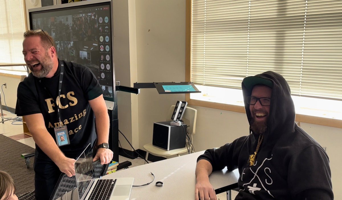 mr_polsky's tweet photo. If there’s one photo that perfectly summarizes my time with @principalfero at Fish Creek School, it’s this one. Shenanigans everywhere but laughter you feel in your soul. #FeroWell #GOAT🐐 #WeAreCBE #FCSinspired https://t.co/bOBNFkmDCe