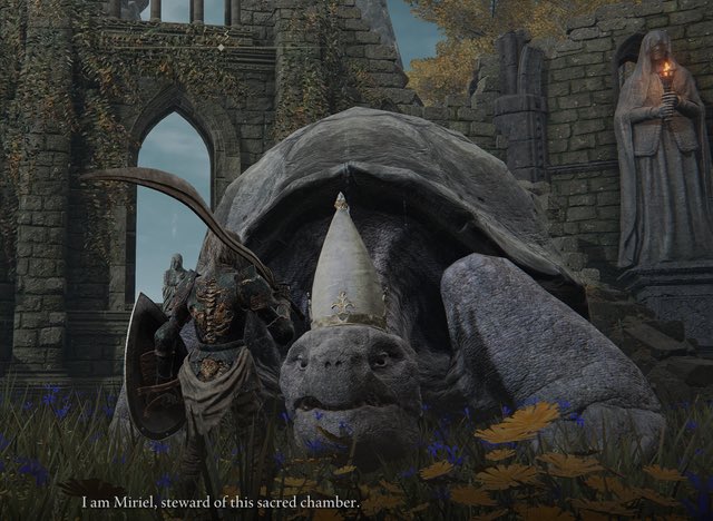 capybaroness's tweet photo. i really think miriel is one of the best fromsoft designs of all time. it’s like going for a dunk when you’re already up 30. they put a pope hat on a turtle and made him talk like a kind old man. nobody has ever done it better https://t.co/2nApbZ756L