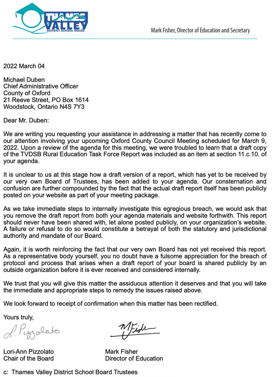 marcusryanzorra's tweet photo. 🧵After Oxford County published agenda TVDSB Chair &amp; Director sent this letter to Oxford County.
This attempts to intimidate staff into not publishing a public document that you payed your elected officials to write.
Full Oxford agenda and DRAFT report:
https://t.co/HNOrDKlXyd https://t.co/gQCIK3i3gM