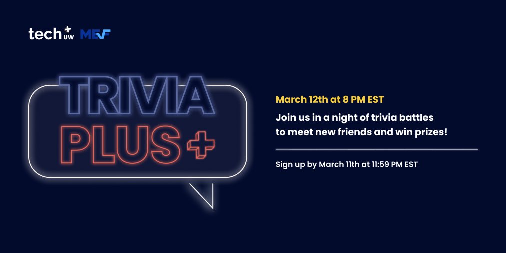 techplusuw's tweet image. Tech+ Trivia Plus sign-ups are now open! 🥳

Want to meet new people? Excited about trivia battles? Tech+ Trivia Plus on Discord is the place to be ✨

🚨 Sign Up Deadline: Friday March 11th EOD
👉 Sign Up Form: forms.gle/XNwBqfmfAwXgbo…
⭐ Event Time: Saturday March 12th 6-7PM