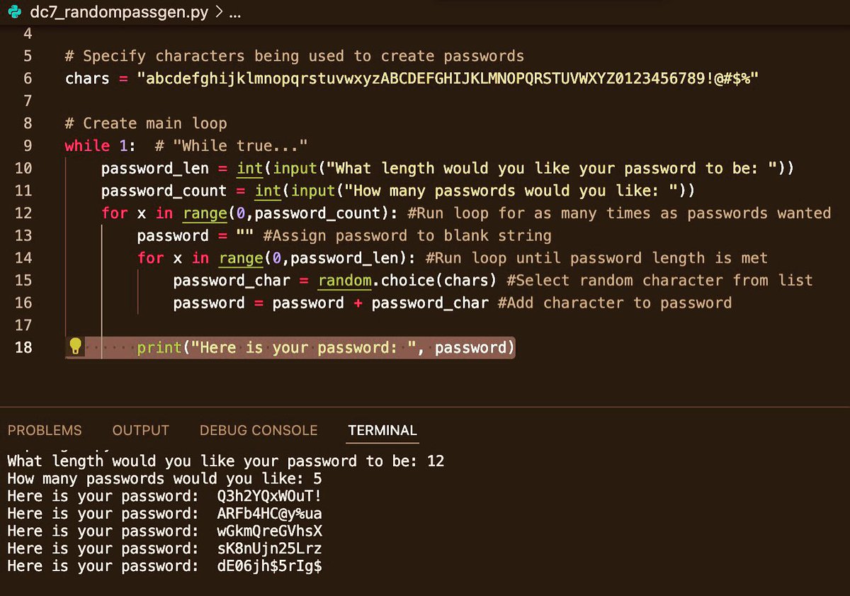 TheAlienPrinx's tweet image. #100DaysOfCode Day 7: Random password generator 👨🏾💻🐍
Creating random passwords using a string of specific characters 🤓
#pythonfordevops #learnpython #pythonprogramming