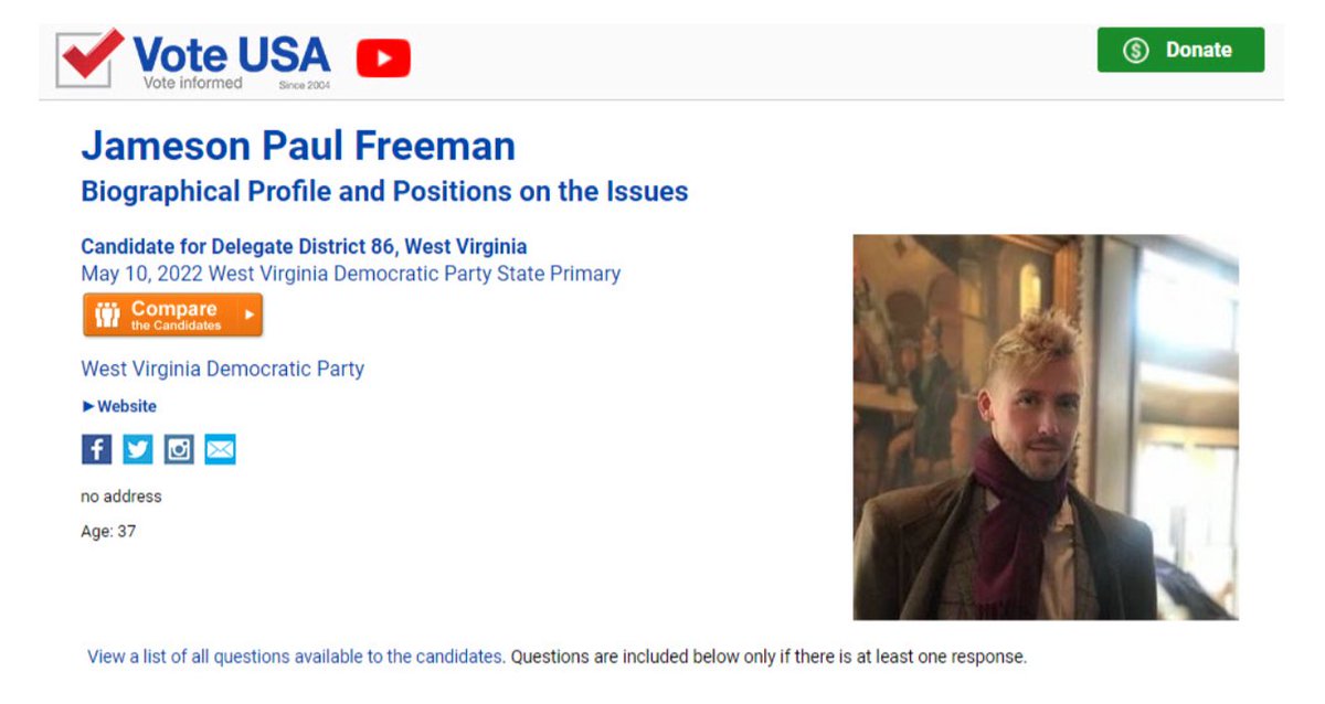 West Virginia voters! <a href="/WVGOP/">WVGOP</a> <a href="/wvdemocrats/">WV Democratic Party</a> Candidate Delegate <a href="/JamesonFreeman/">Jameson Freeman</a> is on Vote-USA.org! The primary is on May 10th, so check out Vote-USA and vote informed! #VoteInformed #VoteUSA