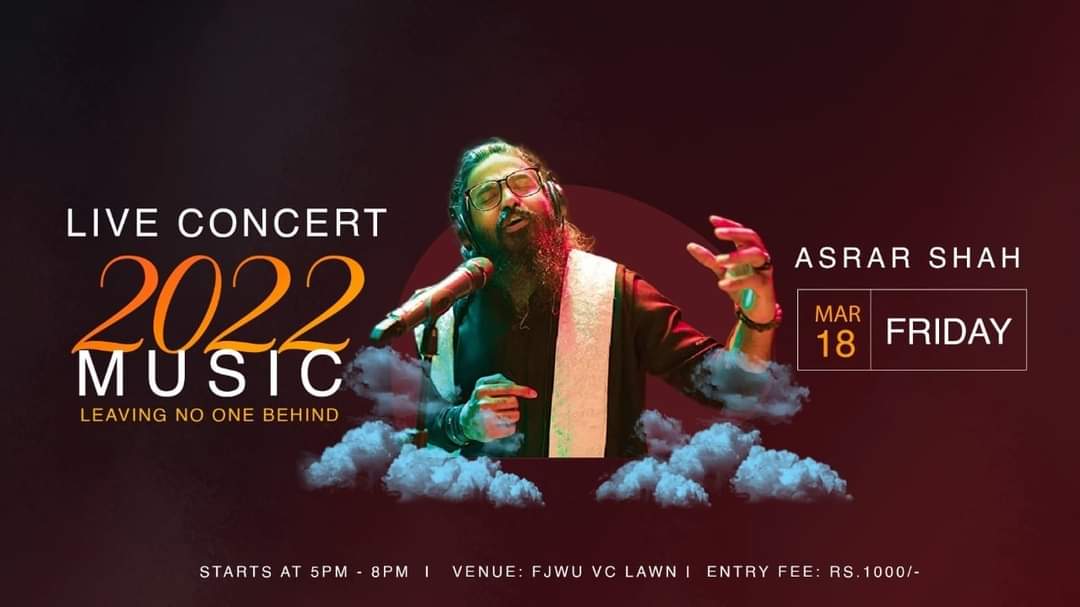 FJWU_official's tweet photo. So are you ready to bring some fun and music to your lives??🔥🔥
Let's Celebrate the most awaited Musical Night with Asrar Shah Live at Fatima Jinnah Women University. 🎶🎸
Hurry up and grab your tickets from ORIC, FJWU before it's too late because March 18 sounds like music. https://t.co/SbJILYjVEm