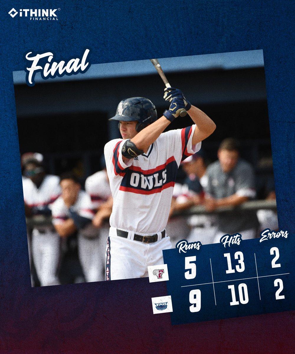 FAUBaseball's tweet photo. The Owls get the first win of the series ✔️
Hunter Cooley gets his 100th K 👏
Nolan Schanuel picks up 4 RBI 💪
Dante Visconti takes the win ⚾️ https://t.co/jwoUFOcNci