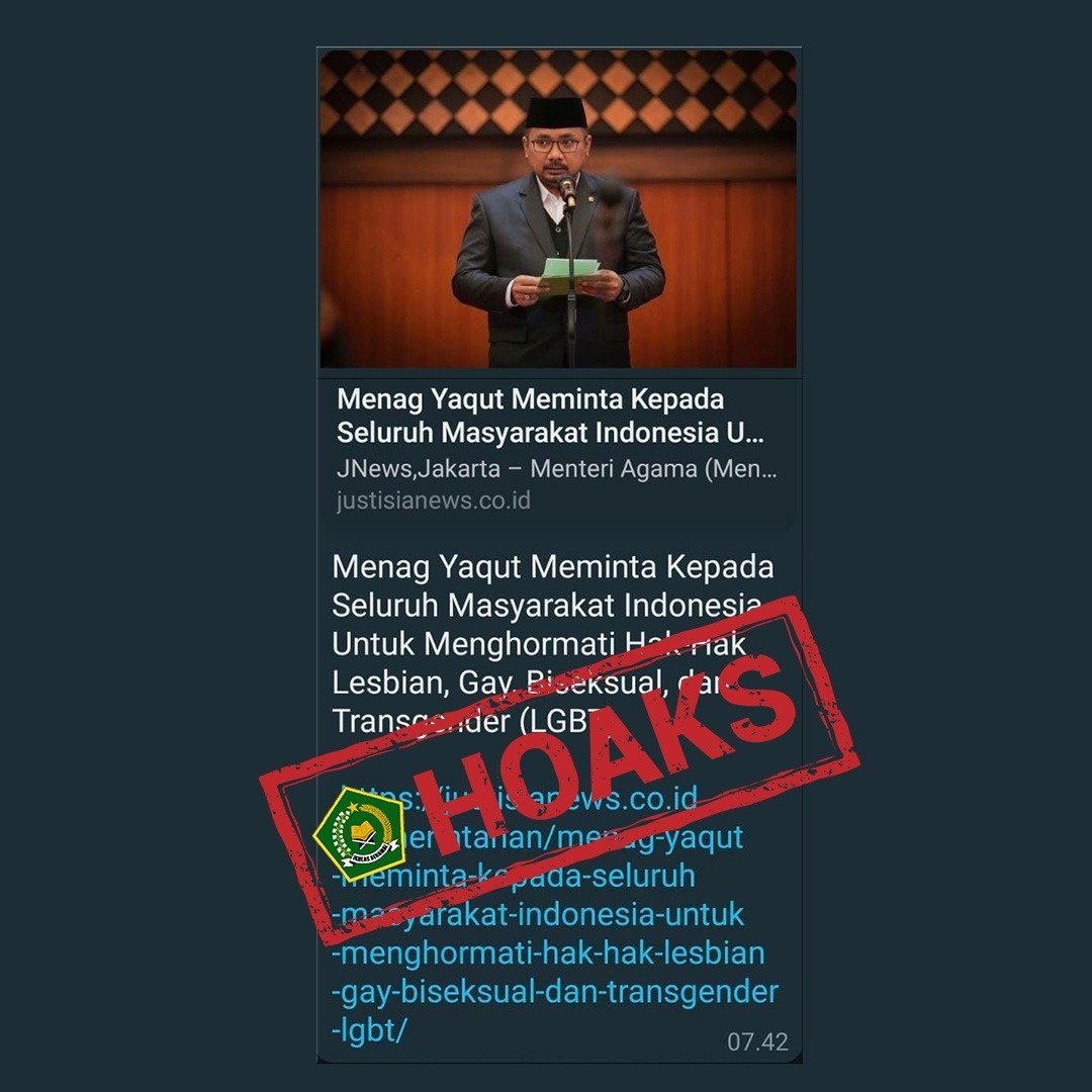 Kemenag_RI's tweet photo. Salam #SahabatReligi, beredar kabar ttg pendapat Menag soal LGBT. Ini jelas hoax !
Jangan biarkan penyebar hoax bersenang diri. Yuk share Twitt ini, agar penebar hoax tak merajalela lagi. Konfirmasi berita akurat ya follow akun @Kemenag_RI. https://t.co/YohNNLuWQJ