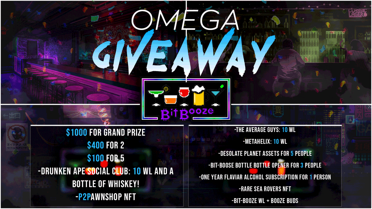 bit_booze's tweet photo. OMEGA GIVEAWAY 🎉🔥
Make sure to join our discord and go to the #giveaway channel to enter!! Ends March 11th (7days).
🚨Make sure you RT this to be eligible🚨
CASH Prizes:
-$1,000 (1 person)
-$400 (2 people)
-$100 (5 people)
-@bit_booze exclusive giveaways

AND WAY MORE 🧵👇
1/ https://t.co/j0xZJ3jxlK