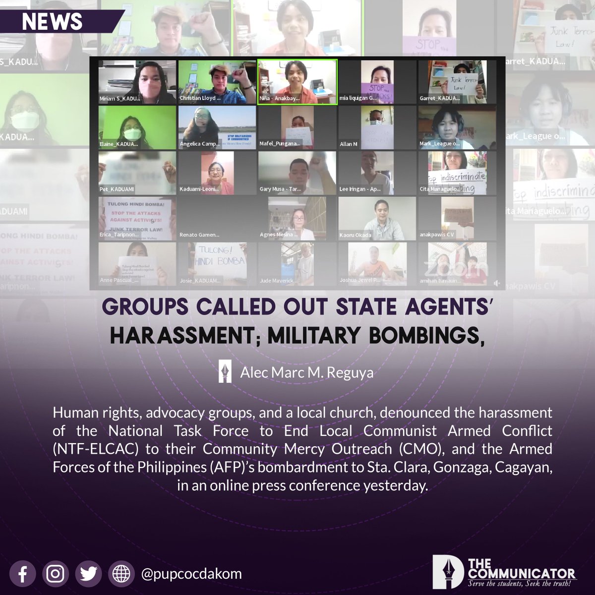 pupcocdakom's tweet photo. NEWS | Groups called out state agents’ harassment; military bombings, condemned

Article: @alec_dakom
Graphics: @janelle_dakom 
Photo: Screenshot from Karapatan

Read the full article on our Facebook page: https://t.co/8LFMS5WDa3 https://t.co/XQ1VIXreXw