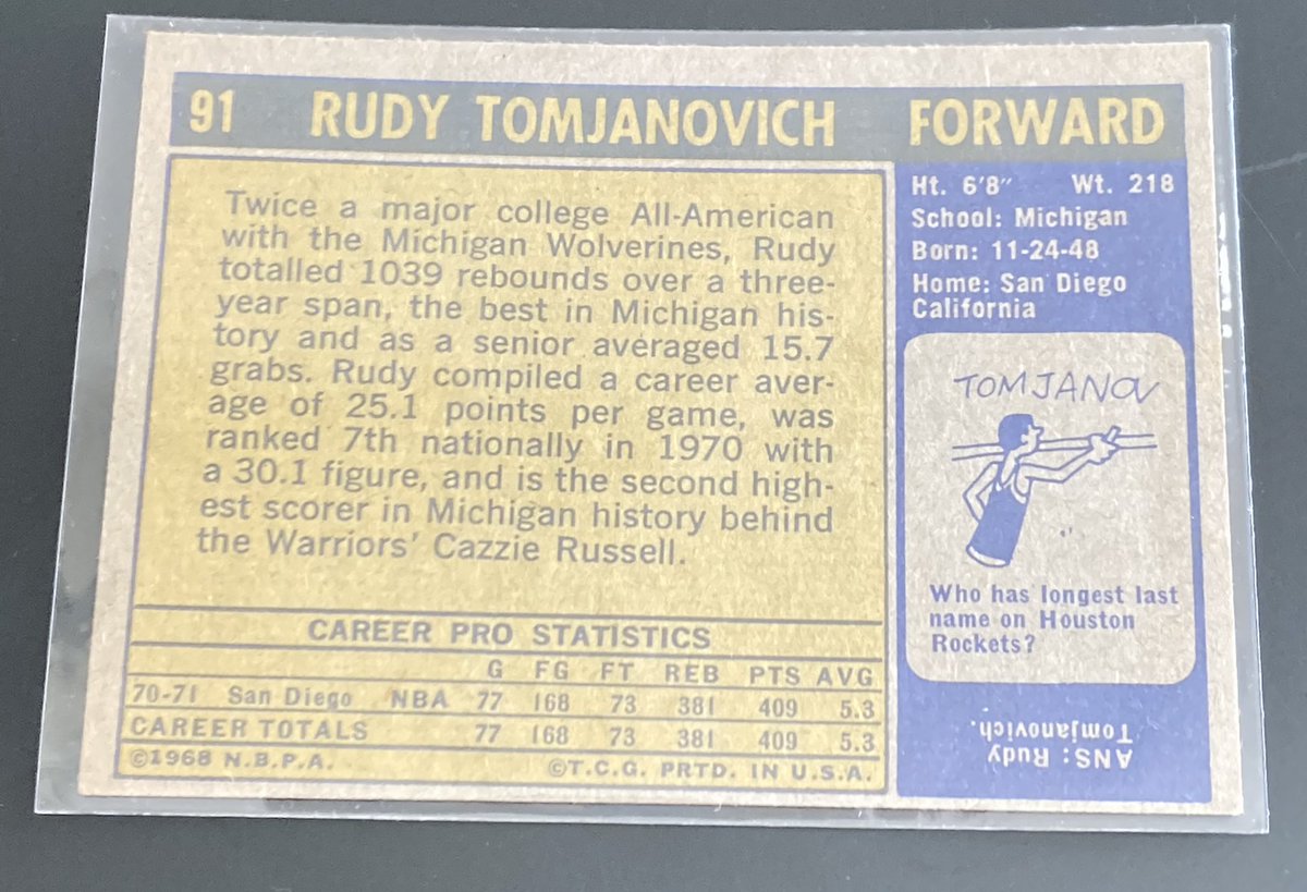 1971-72 Topps #91 Rudy Tomjanovich (RC) マイコレ最古。現役時代は存じ上げないが、応援してたオラジュワン&amp;ドレクスラーのロケッツが優勝した時(94-95)の監督。その後バークレーも加入し子供ながら期待してたがチャンピオンリングは手にできず。この辺りで一度NBAとトレカ収集に冷めてしまった。