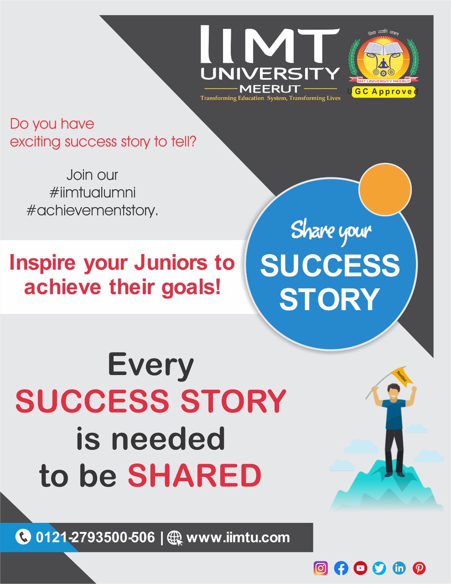 Do you have an exciting success story to tell? 
Join our #iimtualumni #achievementstory.
Inspire your Juniors to achieve their goals!
'Every Success Story Requires A First Step'
Join your own #alumnus #community@ alumni.iimtu.com
#iimtuniversity #IIMT