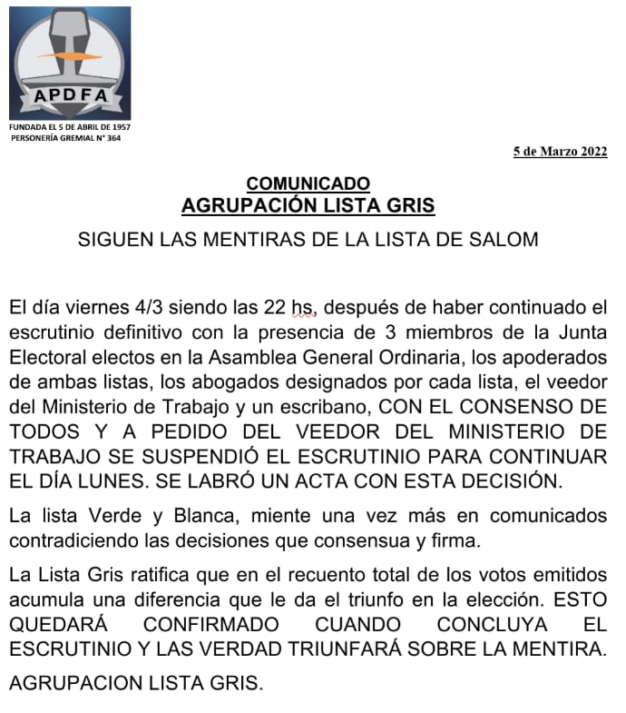 ApdfaListaGris's tweet photo. COMUNICADO LISTA GRIS SOBRE EL ACTO ELECCIONARIO
@MindeTransporte @AlexisGuerrera @TrenesArg @MartinMarinucci @TACargas @danyvispo1905 @TrenesArCH @DamiContrerasOk @Metrovias @Ferrovias https://t.co/dTR8tWy0tv