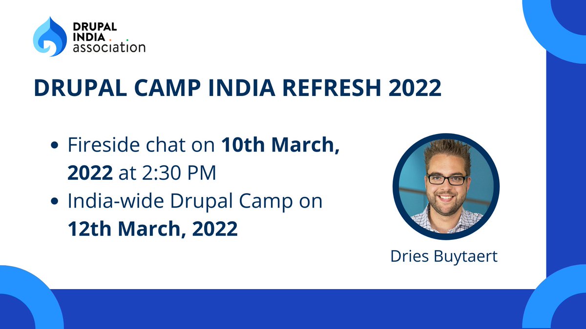 DrupalCamp India Refresh 2022 is going to start with a fire-side chat on Thursday, March 10, with <a href="/Dries/">Dries Buytaert</a>. This will be followed by sessions, and a code-sprint across the country on March 12. Register to join forms.gle/iVZu1xRvwMvqfx… 

#drupal #DIARefresh2022
