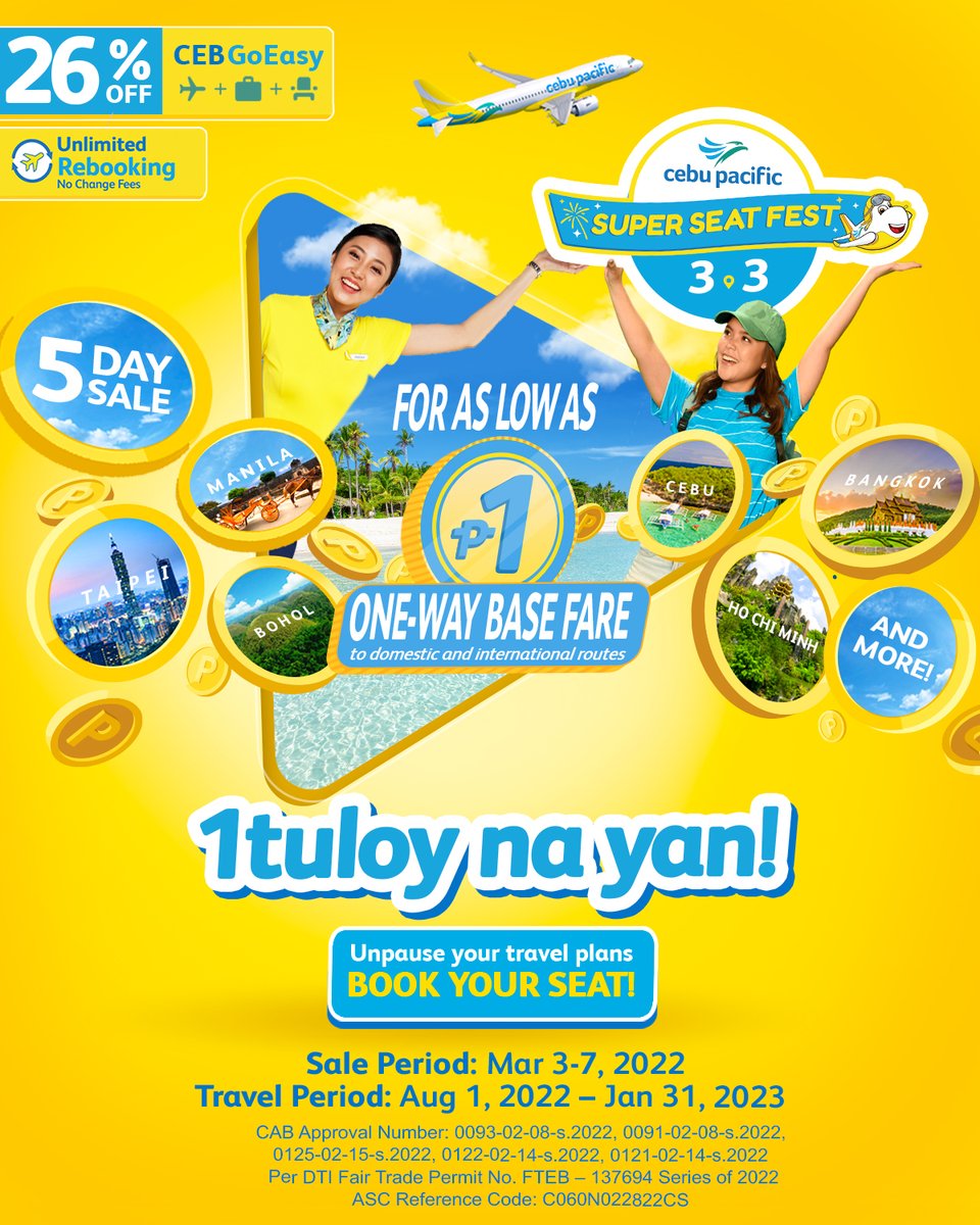 Puro drawing nalang ba ang travel with barkada? 1Tuloy na ‘yan!

Make 2022 the year you unpause all your travel plans to finally make them a reality!

Cebu Pacific is bringing back its trademark P1SO Sale this 3.3 as part of its month-long #CEBSuperSeatFest