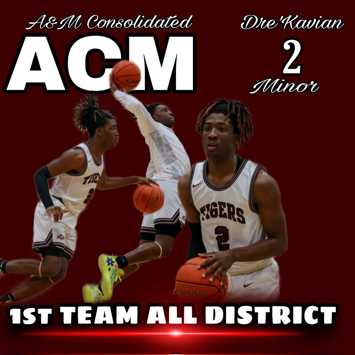 Consolboyshoops's tweet photo. Congratulations to Dre'Kavian Minor @cantstop_dre for being recognized as 1st Team All District 19-5A!!
#Ten2One #TigerFamily https://t.co/HblyB9ORcf