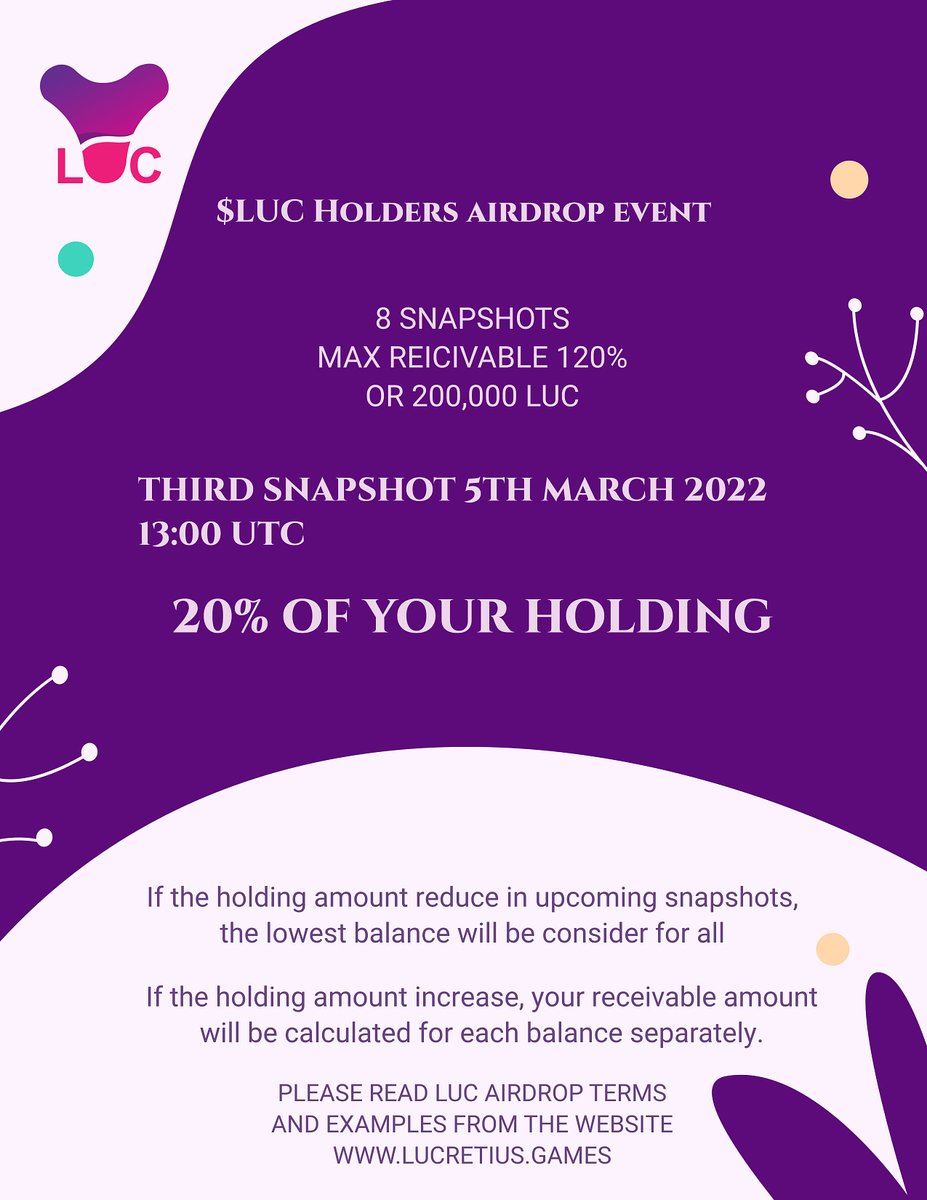 🔥Last 9 hours to third $LUC holders #Snapshot (20%).

Full details 👉 lucretius.games

#Lucretius #IEO #Airdrop #MetaVerse #DeFi
