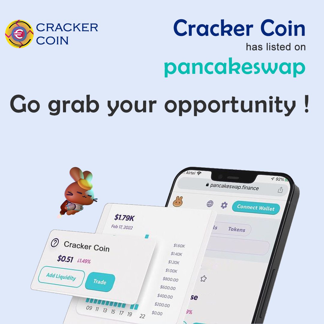 Hello cracker family we are glad to inform u all that we had successfully listed on our first trading platform "PANCAKESWAP".
 pancakeswap.finance/swap?outputCur…

Contract Address: 0x1e91e080F81c2BB976B4165f9adD660e9Afb0777

@bitcoin @newcoin <a href="/Crackercoins/">coin</a> @airdrop @coin <a href="/exchange/">Exchange</a> <a href="/elonmusk/">Elon Musk</a>