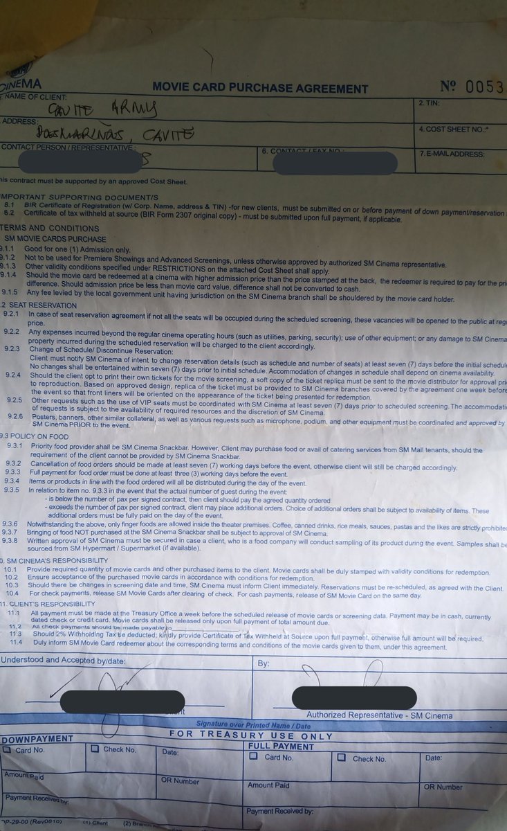army_cavite's tweet photo. Re: "Must have been tough getting the payments on time"

- Seriously? Eto ho o resibo at agreement ng past blockscreening namin. Ito po yung dumaan sa tamang proseso. Pwede po ba wag kayong magmarunong kesa sa management ng SM Cinema?

+ https://t.co/lsXip4dHiO