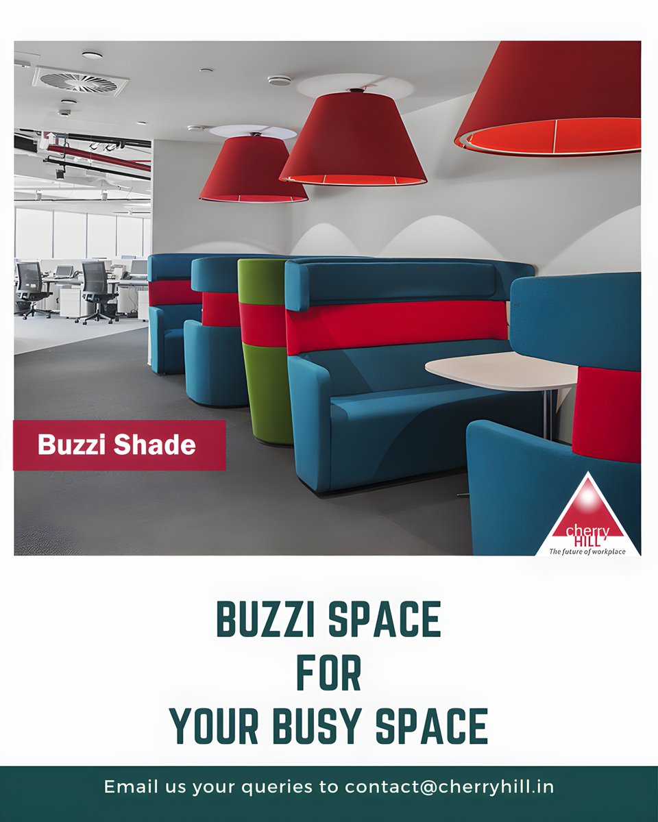 Create a dynamic ceiling with a cluster of BUZZI SHADE acoustic pendant light. Mix different colors and sizes for added visual and acoustical impact!

#CherryHillInteriors #BuzziShade #Design #product #DesignAndBuild #WorkSpaces #InspiringDesigns #ComfortableFurniture #Develop