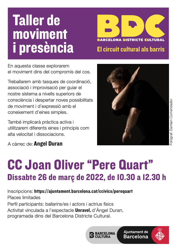 BcnDCultural's tweet photo. ✨Més d'una desena de tallers complementen la programació del Barcelona Districte Cultural!

🔎 Podeu consultar tots els tallers programats aquí: https://t.co/CKdk5z0FF7

💃Un dels tallers és el que imparteix el ballarí Ángel Duran el 26/03 al @CCPereQuart 👇 https://t.co/hqAM91EGFd