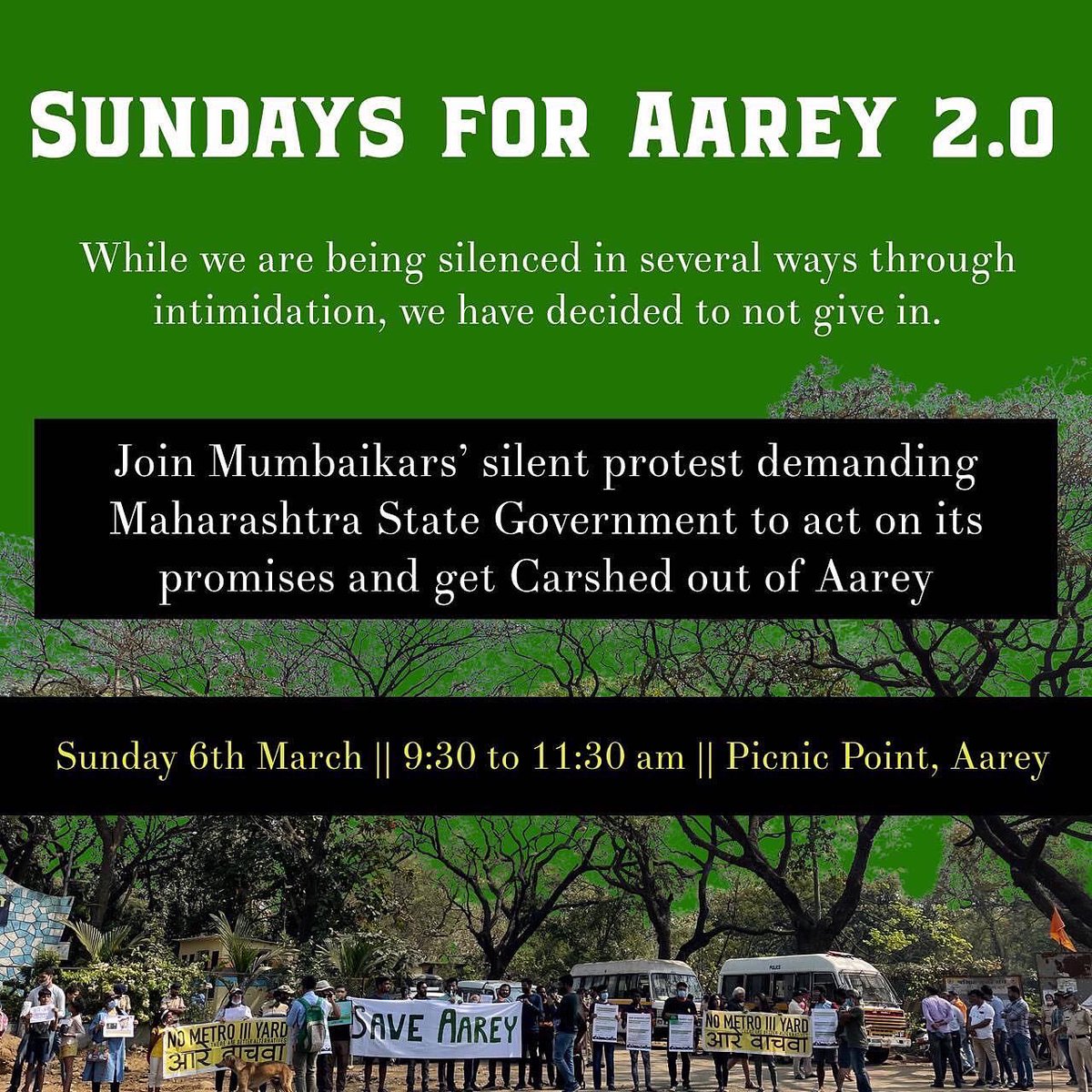 FoundationMuse's tweet photo. Sundays for Aarey 2.0

While we are being silenced in several ways through intimidation, we have decided not to give in. 

Join Mumbaikars' silent protest demanding Maharashtra State Government to act on its promises and get Carshed out of Aarey. 
#sundaysforaarey #aareyforest https://t.co/49p4gdI2MX