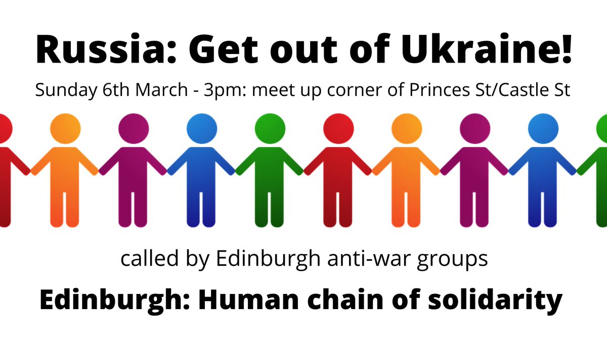 Sunday 6 March International Day of Solidarity with Ukraine &amp; Russian anti-war protestors. Human chain along Princes st, calling for a stop to war &amp; Russian withdrawal. Meet 3pm corner of Castle St &amp; Princes St. <a href="/codepink/">CODEPINK</a> <a href="/CNDuk/">Campaign for Nuclear Disarmament</a> <a href="/STWuk/">Stop the War Coalition</a> facebook.com/events/6262935…