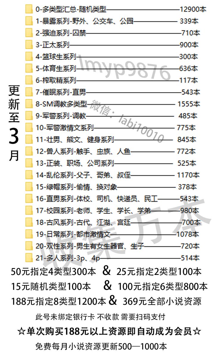 KellyBurkes's tweet photo. 3月小说合集已更新
分类已达到12900本
体育生、篮球生、催眠、SM调教、军警、正装、乱伦、父子、直男、校园、绿帽、兽人等 gay小说。
【购买小说加微信：labi10010】
#gay小说 #体育生 #篮球生 #正装 #SM #调教 #军警 #乱伦 #直男 #校园 #绿帽 #耽美小说 #肌肉 #父子 #正太 #强迫 #群P https://t.co/Vrm2B8tVf4