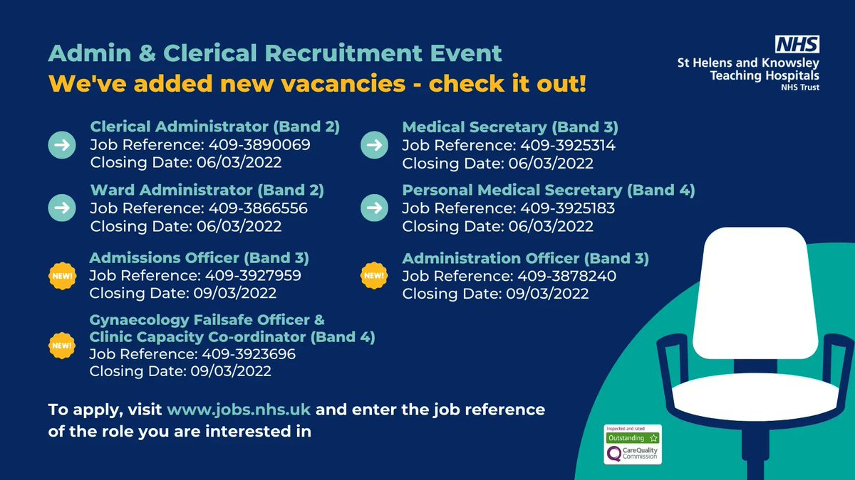 mwl_recruitment's tweet photo. 📢 EXCITING NEWS: We’ve added more vacancies to our upcoming Admin and Clerical Recruitment Event!📢 

Join us on Sat 12th March, 10am-3pm. In the Education, Training &amp; Conference Centre, Nightingale House, Whiston Hospital. No booking needed, just turn up &amp; meet us! 🤗 https://t.co/Bd9CrTzzpp