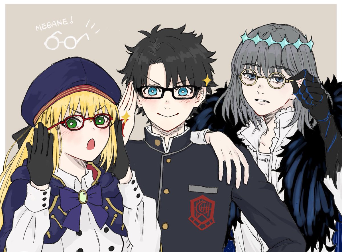 artoria caster (fate) ,artoria caster (second ascension) (fate) ,artoria pendragon (fate) ,fujimaru ritsuka (male) ,oberon (fate) 1girl 2boys multiple boys glasses blonde hair green eyes gloves  illustration images