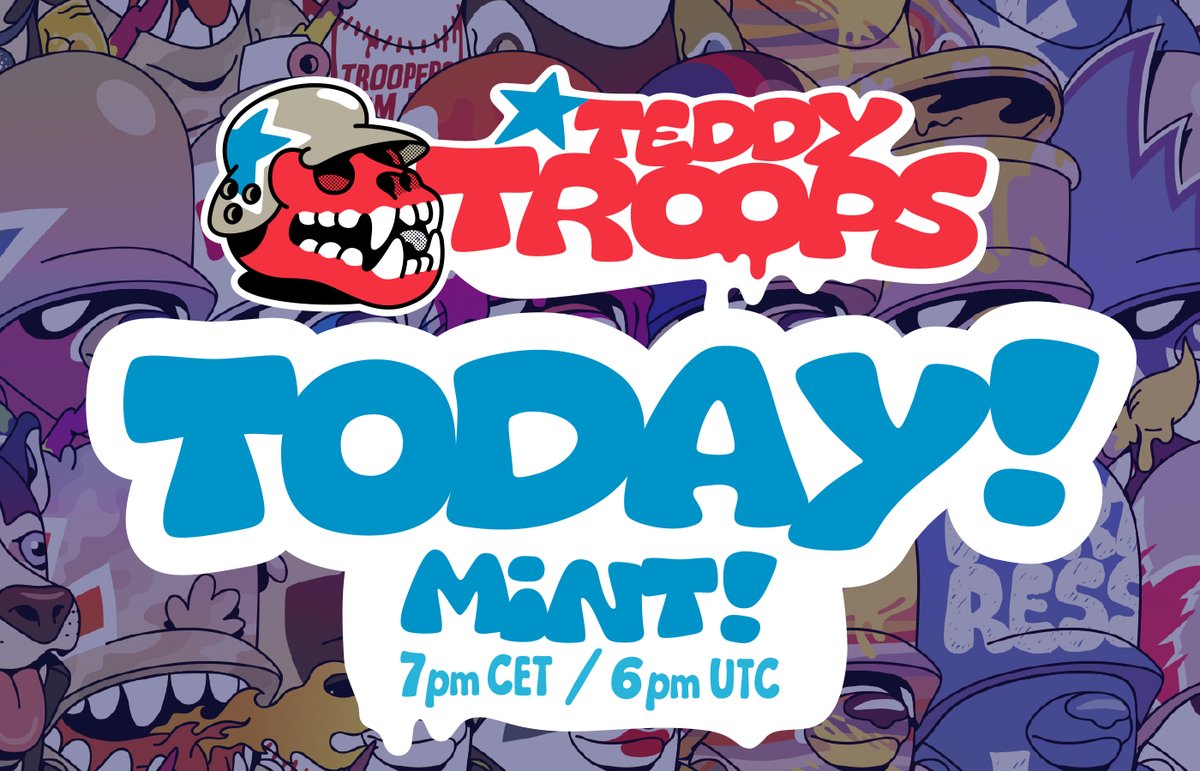 TeddyTroops's tweet photo. The day has come...!
Minting is TODAY! Time: 7pm CET - 6pm UTC!
The Teddy Team is super excited and can't wait for the "un-boxing" later today!
Hope you are excited, too! Keep your eyes on our Discord channel: https://t.co/cfxisk53uB

#teddytroops #nftroops #cnft #nft #mintingday https://t.co/0AsVqd1m2I