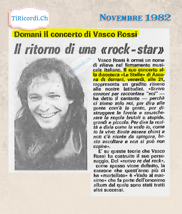 RicordiTi's tweet photo. 19 Novembre 1982: 37 anni fa Vasco Rossi in concerto alla Discoteca "Le Stelle" di Ascona.

#storia #ticino #cultura #retro #svizzera #vintagestyle #swiss #lugano #locarno #classic #antique #tiricordi #art #photooftheday #history https://t.co/yWC1vkO9gj