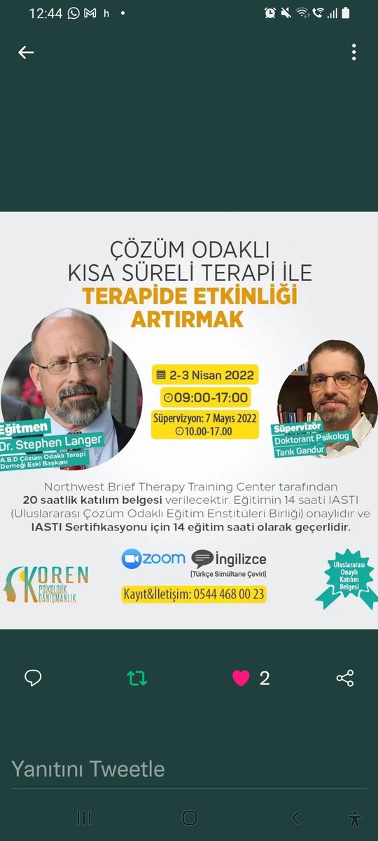 selcukaslan's tweet photo. Klinik ve danışma becerilerine büyük  katkı sağlayacak 'Çözüm odaklı kisa terapi' yaklaşan egitimi hatırlatmak isterim @tgandur @BilisDavranis https://t.co/PBzzCbxEAw