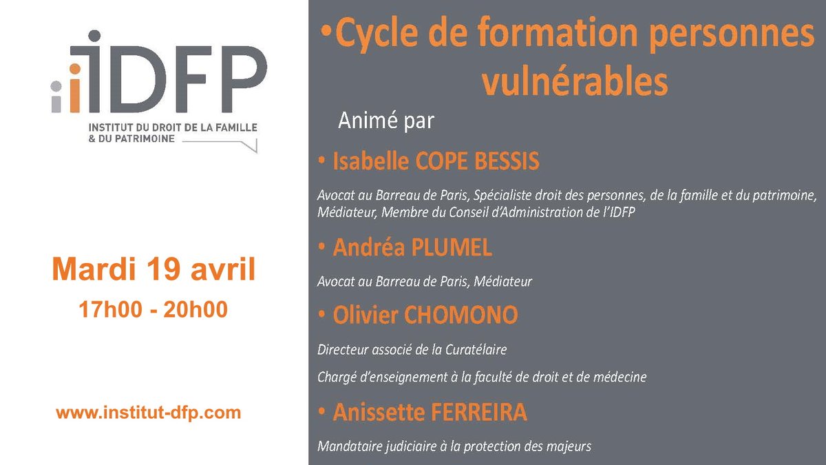 #MajeursProtégés et pratique de l'#avocat
mardi 19 avril à 17h
avec Isabelle Copé-Bessis, <a href="/AndreaPlumel/">Andréa Plumel</a> , <a href="/OChomono/">Olivier Chomono</a> , <a href="/AnissetteF/">Anissette FERREIRA</a>
Inscription : lnkd.in/e_tyBfkJ
#personnesvulnérables #tutelle #curatelle