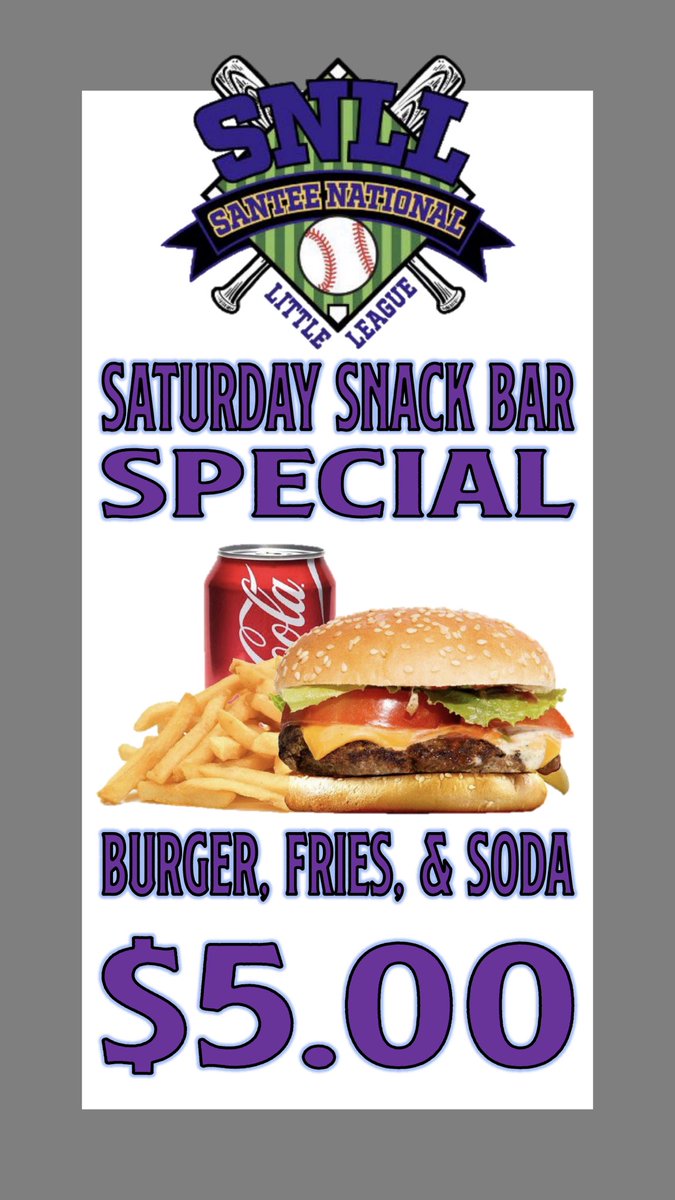 santeebaseball's tweet photo. Hopefully the rain holds off and we will see you at the fields tomorrow. Stop by the snack bar for our first Saturday special of the 2022 season a cheeseburger, fries, and a can soda for $5 we can take cash but prefer Venmo or card. https://t.co/6sG97DOJpX