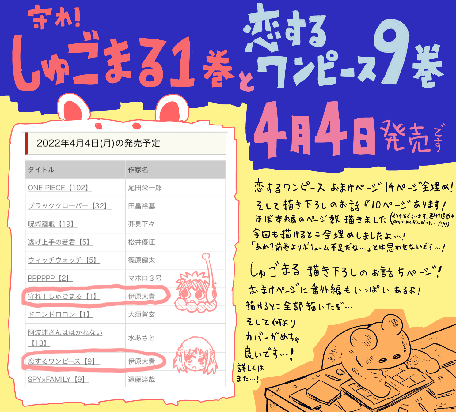 伊原大貴 4月4日に 守れ しゅごまる1巻と恋するワンピース9巻を発売させていただきます 2冊同時発売です 週刊連載中とかは一旦無視でたくさん描きました 予約始まってます よろしければ T Co Sz4ujudb0j T Co Yp1fhwkrqc