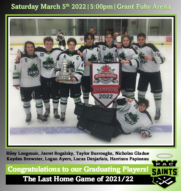 pacU18AA's tweet photo. 🎓GAME DAY!!!!!!!🎓
Last regular season home game!!  
Come on out!

⏰5:00pm
🆚@WWPolarKings
📍Grant Fuhr Arena

Accepting @ParklndFoodBank Donations for volunteer game admission.
 
#GoSaintsGo #U18AA #PAC #community https://t.co/lLaBDkuqlE
