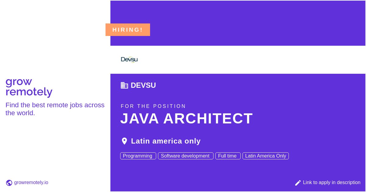 growremotelyio's tweet photo. Check out this job at Devsu for the position Java Architect.

 Apply link: https://t.co/IVZeCXRK30

#hiring #remotejobs #Devsu #Programming https://t.co/oAZ1XBIUiF