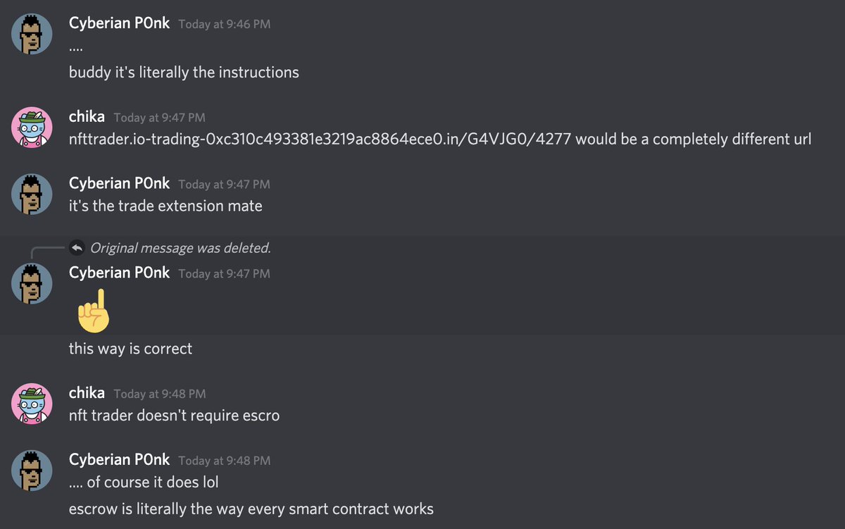 chika0x's tweet photo. be careful out there. "just remove the slash from https://t.co/i4gZojKgAR" and add this "trade code" to the end. already created the trade. for sure won't send you to a phishing site for your mutant ape, bro. https://t.co/uFkHeKfLbk