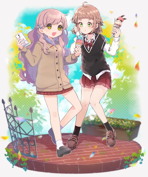 友人なっつ豆【@ nattsumame】と創作JK合作しました!左の子と背景はなさく作、右の子が豆作ですJKキャワ～!! 