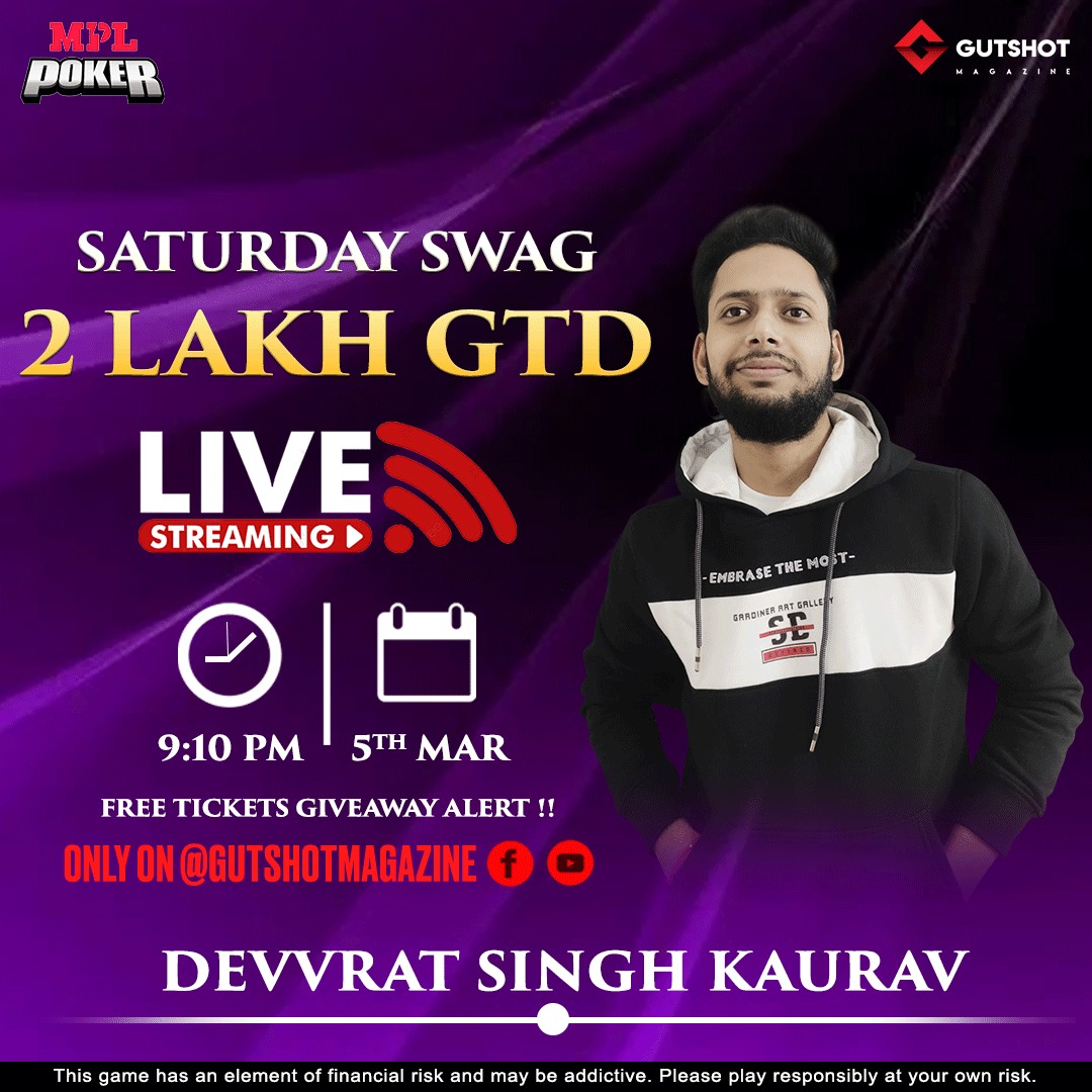 GutshotMagazine's tweet photo. Join Us [LIVE] TODAY!! @PlayMPL Saturday Swag 😎 2L GTD Streaming with Devvrat Singh On Gutshot Magazine Facebook &amp; YouTube platforms a 9:10PM 😉 

STAY TUNED FOR YOUR GIVEAWAY😍

Create your account on MPL Poker here: https://t.co/7f2G68axrj

#OnilnePoker #LIVE #PokerLivestream https://t.co/TJ1rzCI2RW