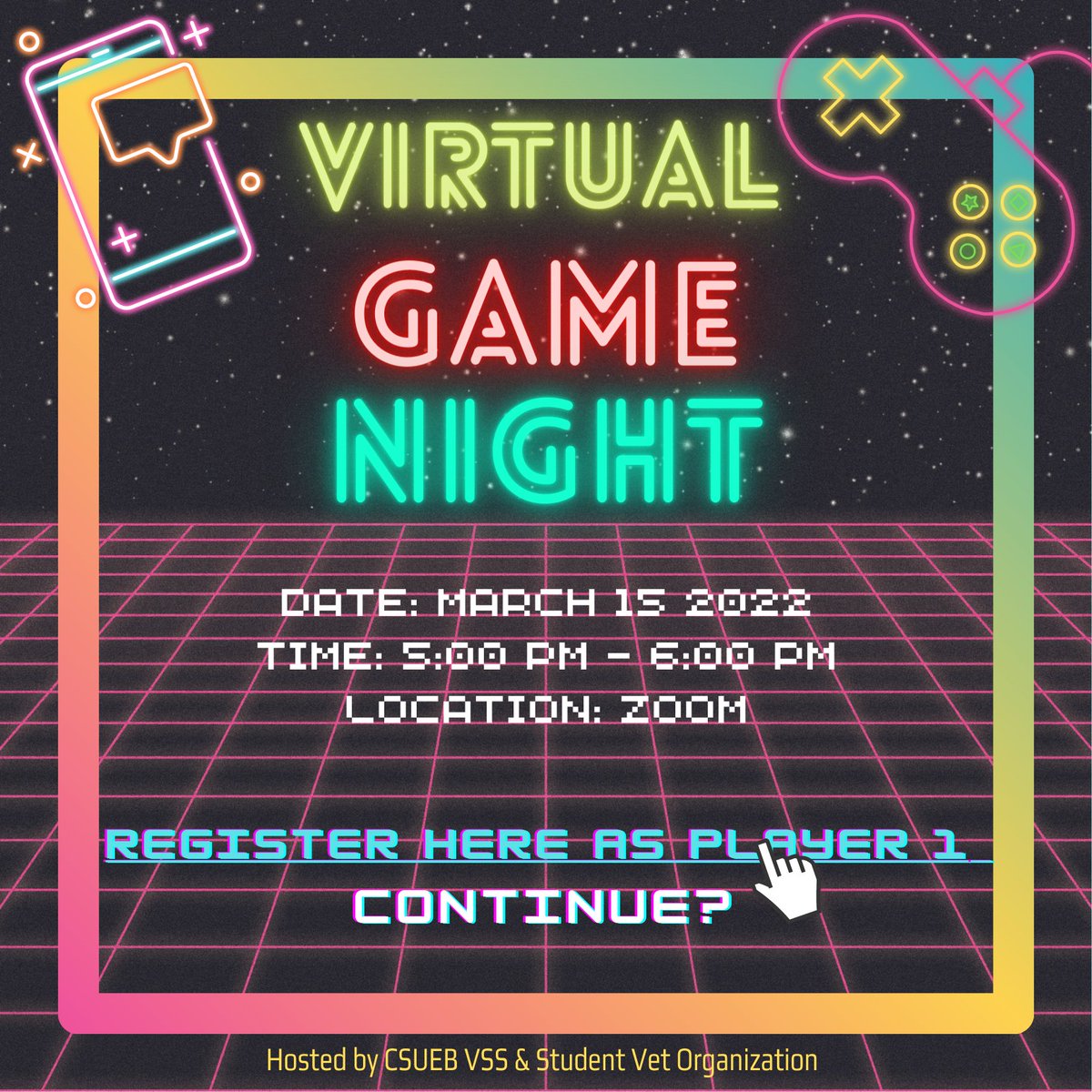 CsuebSvo's tweet photo. Greetings!

Join Cal State East Bay's Student Vet Organization as we host our VET Virtual Game Night via zoom!  Everyone is INVITED! Settle in for some virtual fun playing a variety of games.
03.15.22 @ 5PM
Register using this link: https://t.co/s0fZuiRuVZ https://t.co/zZ2wJwC040