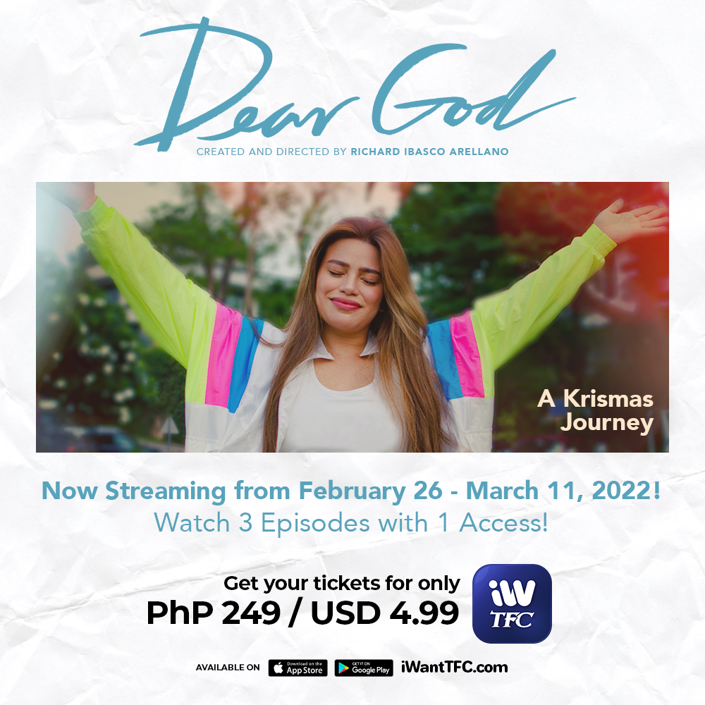 ofc_iwant's tweet photo. Get your tickets now to watch #DearGod's EPISODES 10 - 12 including A Krismas Journey!
Purchase yours via iWantTFC! https://t.co/UqcYKktHYy

Streaming from FEB. 26 - MAR 11.
@riaproductions @rekdirichard https://t.co/tKAUQMJopw
