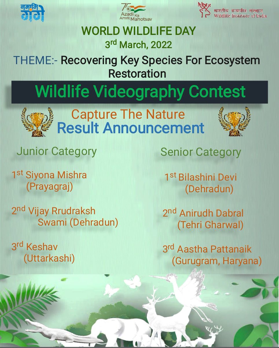 wii_india's tweet photo. Results
#WorldWildlifeDay, Online Videography Contest themed '#CapturetheNature' for School Children aimed to get connect with #nature, #wildlife & #biodiversity of their surroundings. Entries were evaluated based on Theme, Creativity, Captions & efforts done by students https://t.co/9Sop3cvlxB