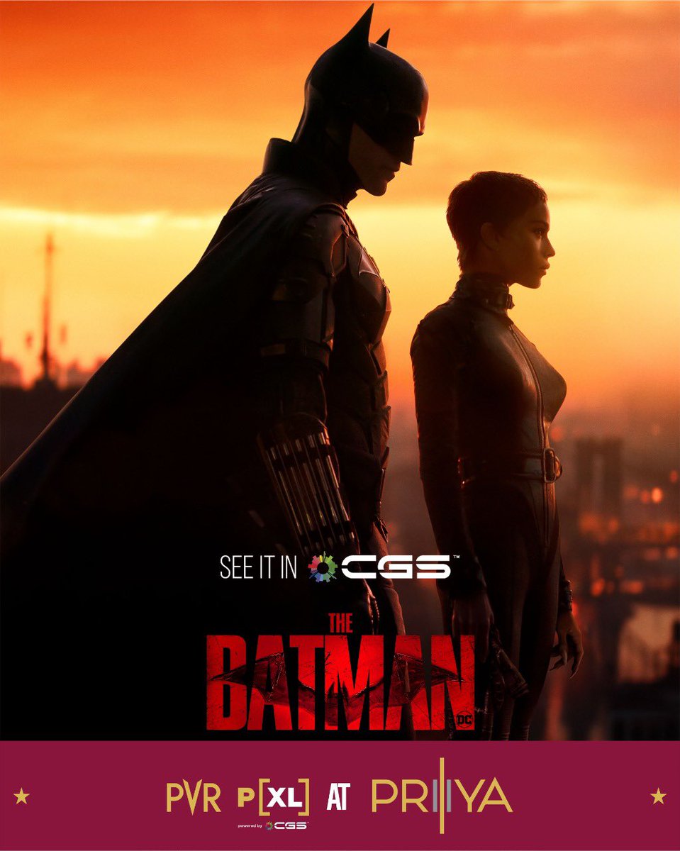 _PVRCinemas's tweet photo. Follow the journey of the caped crusader in CGS at PVR Priya.
Watch #TheBatman today.
Book your tickets now: https://t.co/ljQzZxv9az
#PVR #PVRCinemas #cgs #PVRPriya #BackAtPVR #RobertPattinson #Catwoman
#Warnerbros #DC #PXL #CapedCrusader #TheBatmanFans https://t.co/kLAw91HsUB