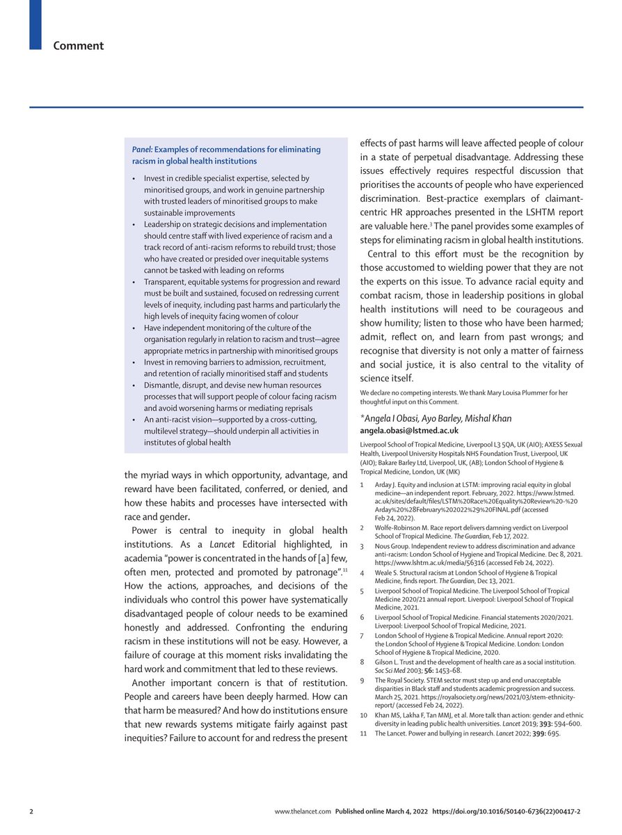 DrMishalK's tweet photo. Conclusions from independent reviews couldn't be clearer - but is this a turning point on anti-racism &amp; equality at UK's Tropical Med Schools? 

In @TheLancet we lay out why change must be led by people with 
TRUST &amp; TRACK RECORD of transformative action
https://t.co/c6BwHN919l https://t.co/Zl6UohaMXP