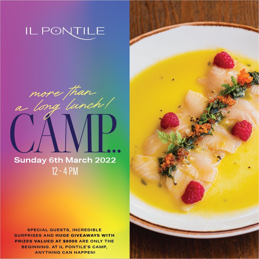 DNAmagazine's tweet photo. Recover from @sydneymardigras in style with a luscious long lunch at @ilpontile_syd. There'll be drinks, entertainment and a bespoke menu! Book your ticket for Camp! now... #IlPontile #Camp #LongLunch #Sponsored 👉 https://t.co/1HLrIKV8lQ https://t.co/PqlQPk4zxo