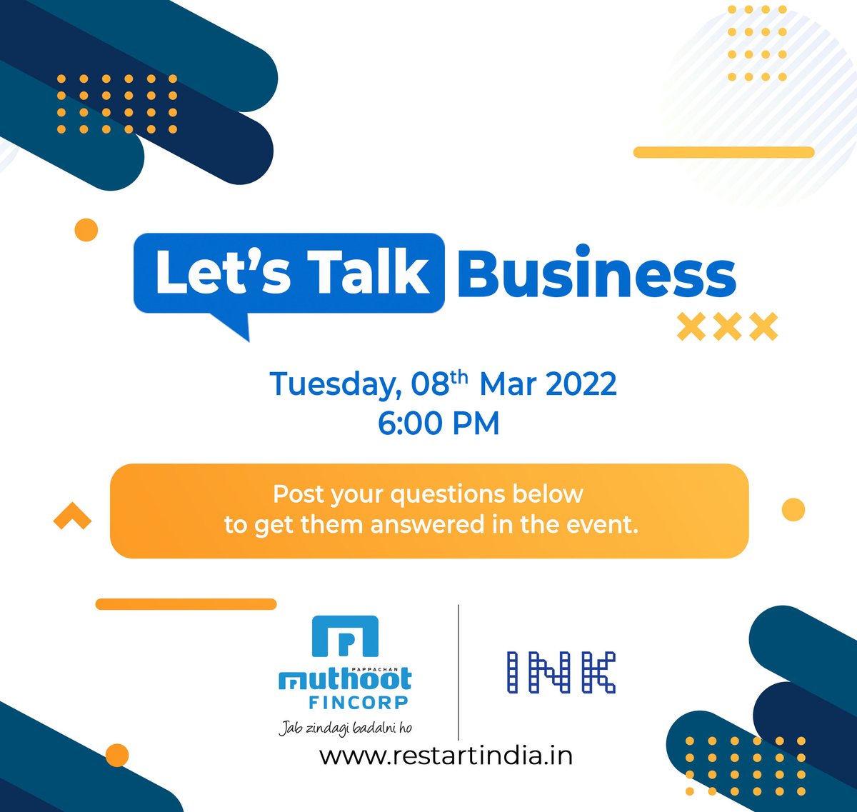 restartindianow's tweet photo. #RestartIndia presents - Let’s Talk Money!

An exclusive Let’s Talk Business edition for Women’s Day featuring an interactive session with entrepreneurs and businesswomen to learn about their journey and experience with financial aspects of business growth. https://t.co/ycU4GapUQj