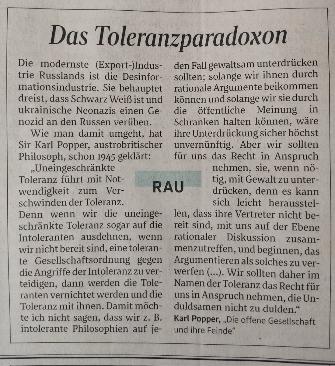 APrettenhofer's tweet photo. "Wir sollten daher im Namen der Toleranz das Recht für uns in Anspruch nehmen, die Unduldsamen nicht zu dulden." Hans Rauscher zitiert treffsicher das #Toleranzparadoxon von Karl Popper im heutigen @derStandardat Btw: wir sollten mehr Popper lesen. https://t.co/u4G984MfcD